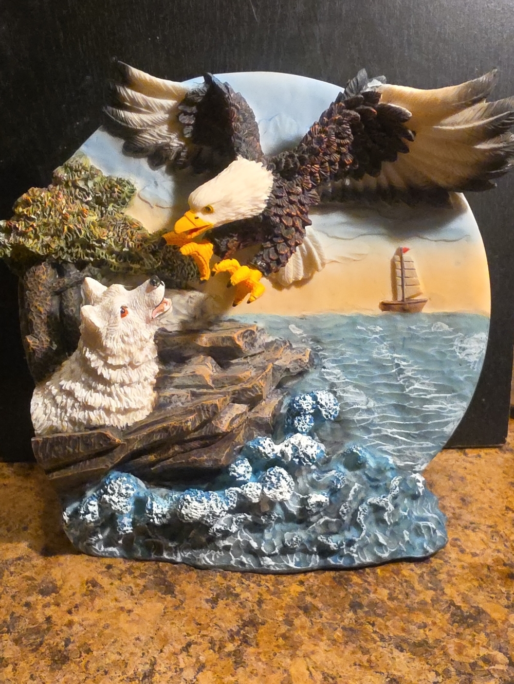 Patriotic Bald Eagle & Wolf Coastal Relief Wall Art - White, Blue, Brown